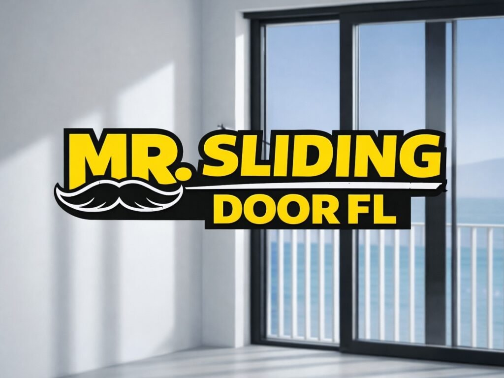 odern interior with sliding glass doors and the yellow logo of Mr. Sliding Door FL featuring a black mustache, representing expert sliding door and glass repair services in Florida.